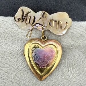 Vintage WWII Locket Sterling Silver Brooch‎ Heart Mother of Pearl "My Son"